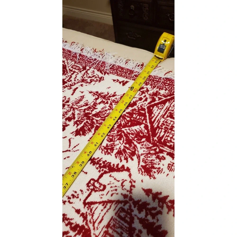 Brooks‎ Brothers Red Chenille Christmas Trees Houses Throw Blanket Fringe 50x70